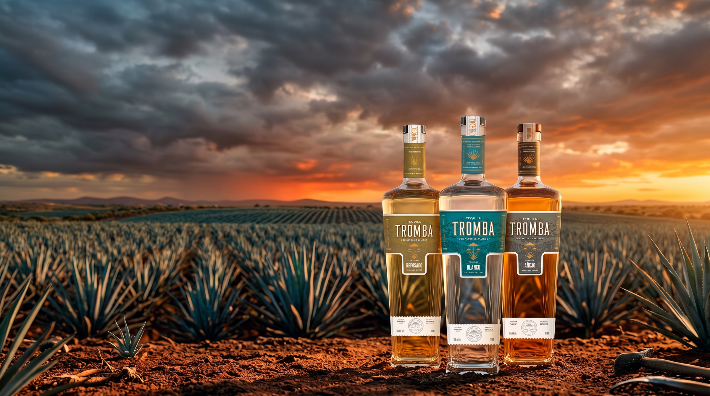 Tequila Tromba bottles in an agave field