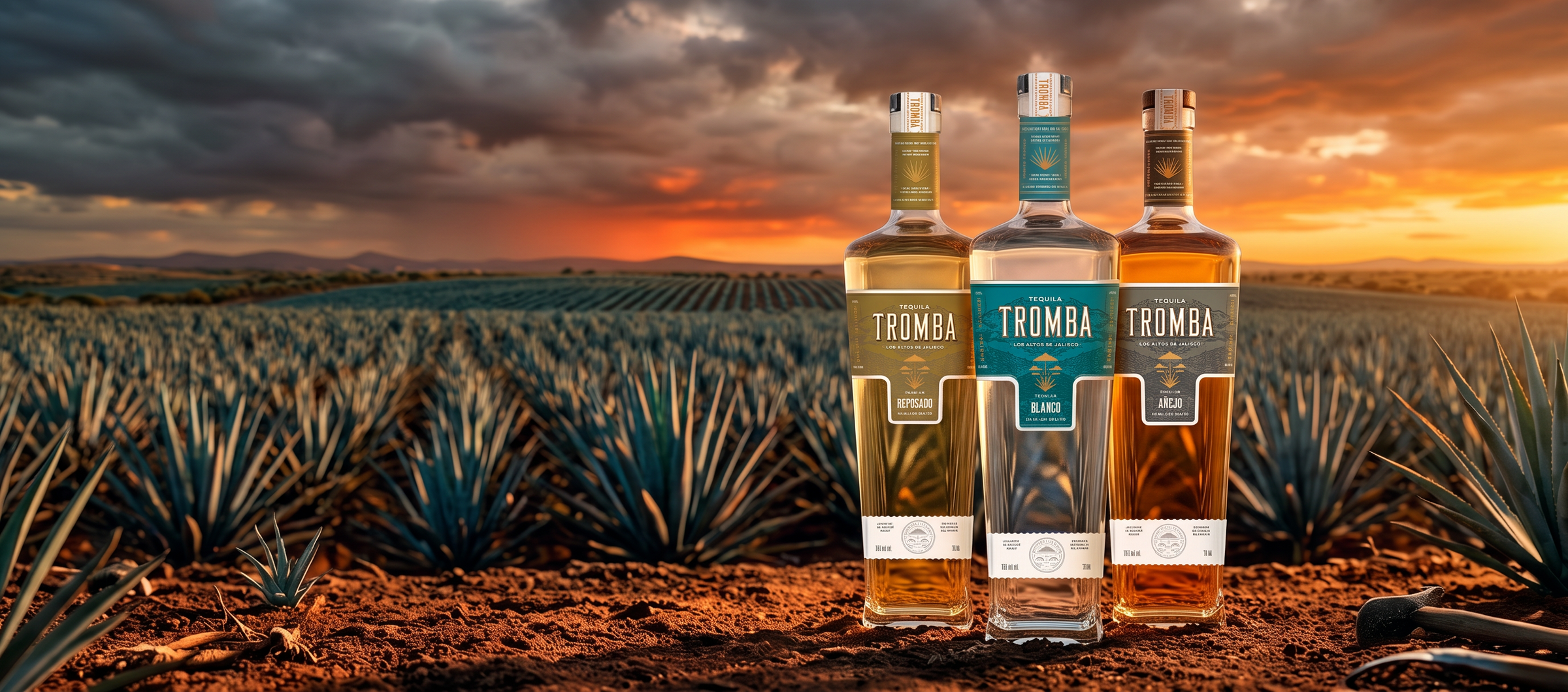 Tequila Tromba bottles in agave fields